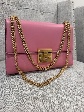 Gucci Medium Pink Leather Shoulder Padlock Bag with Gold Chain